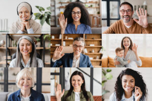 Business meeting conversation collage. Mockup for laptop tablet screen. Multinational colleagues talking on video call conference online. remote job, occupation work on distance. - WorldTone