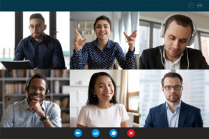 Laptop screen view six multiethnic people involved in group videocall - WorldTone