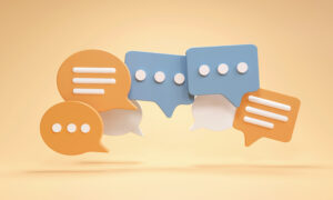 Minimalist speech bubbles talk icons floating over yellow background - WorldTone